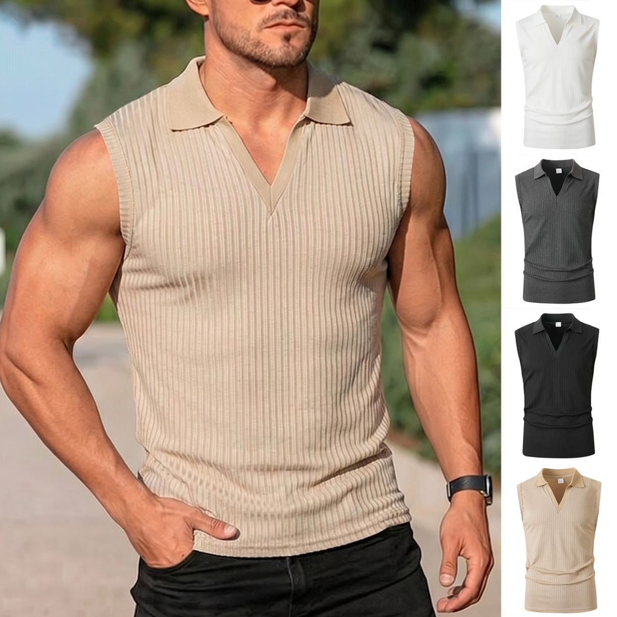 Mens Polo-collar Vertical-striped Sleeveless Vest