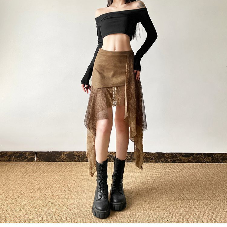 Lace-panel Mid-length French-style Elegant Solid-color Skirt - Image 5