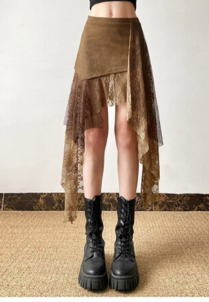 Lace-panel Mid-length French-style Elegant Solid-color Skirt