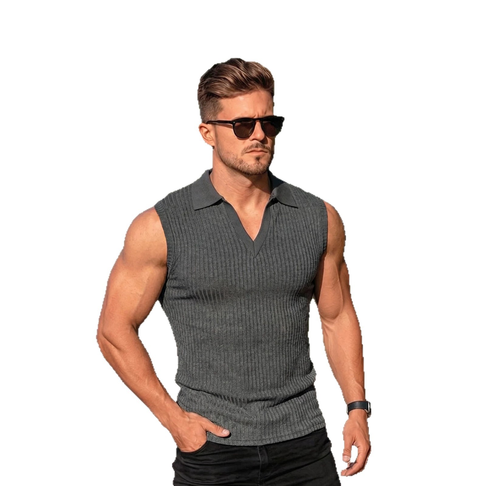 Mens Polo-collar Vertical-striped Sleeveless Vest - Image 3