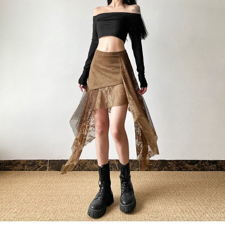 Lace-panel Mid-length French-style Elegant Solid-color Skirt - Image 7