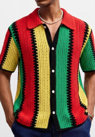 Summer Contrasting-Color Striped Hollow-Out Knit Top