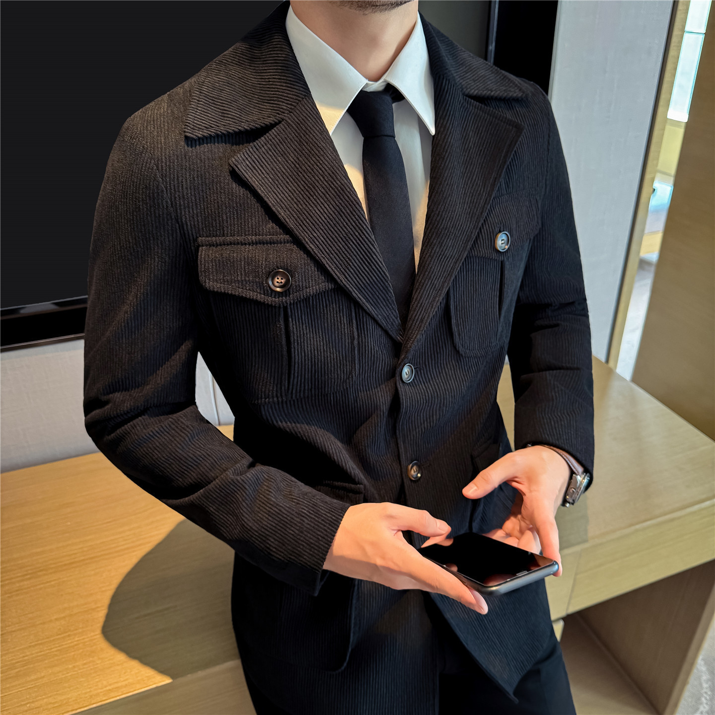 Mens Casual Corduroy Mid-length Coatsuit - Image 5