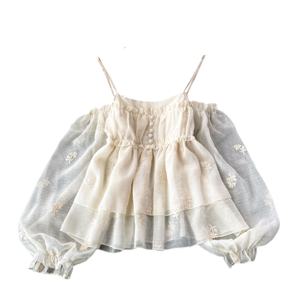 Sweet Off-shoulder Puff-sleeve Shirt With A Boat Neckline And Embroidered Ruffled Trim - Image 7