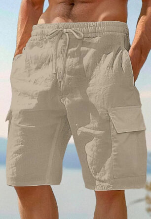 Beach Shorts With Elastic Waist Drawstring Multiple Pockets Solid Color