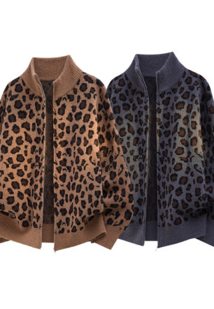 Retro Leopard-Print Knitted Cardigan For Men New Arrival Lazy Style Sweater