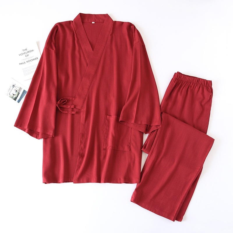 Japanese-style Solid-color Mens Kimono Pajamas, Cotton-linen Drawstring Homewear Set - Image 3