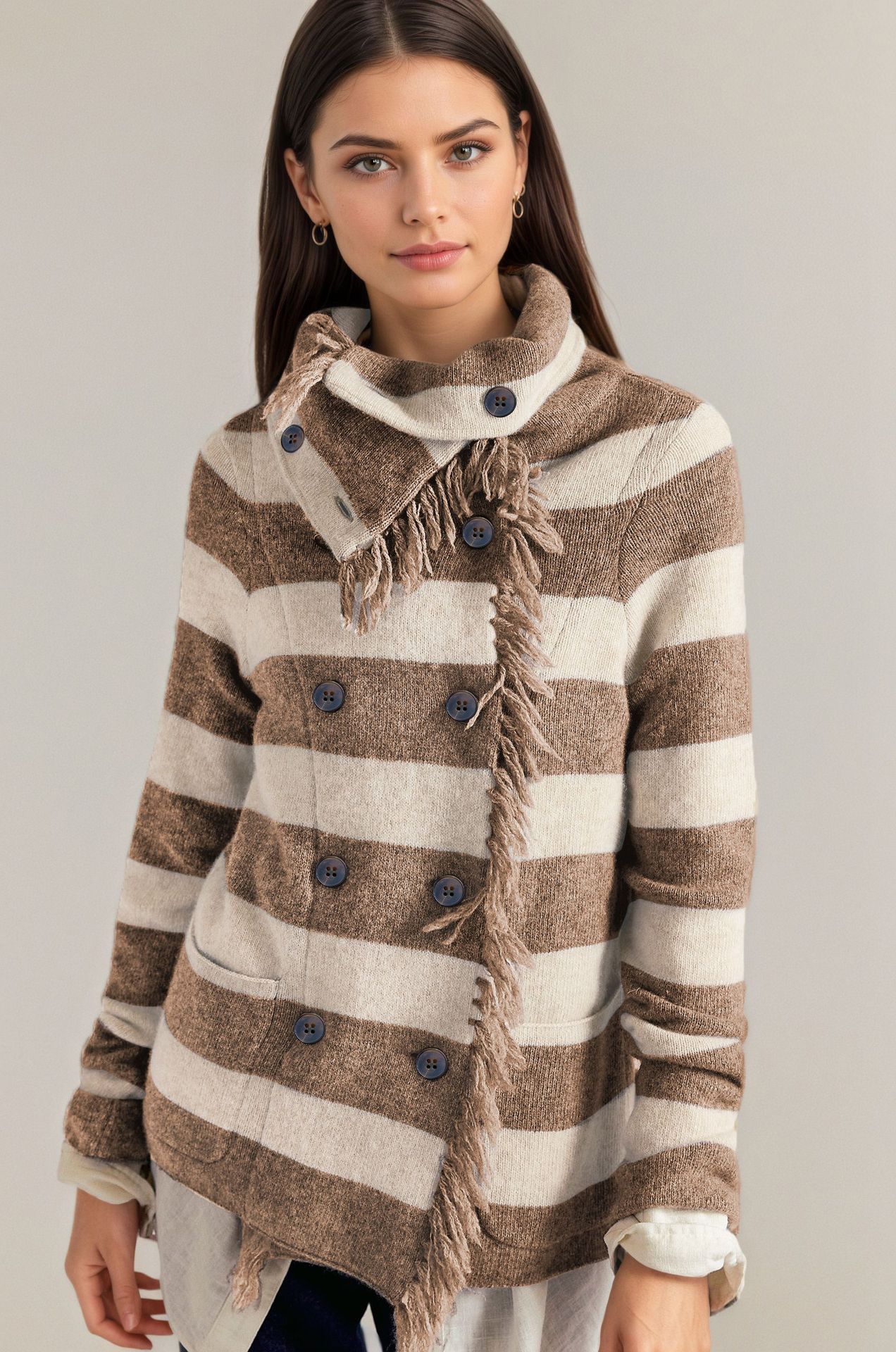 Turtleneck Tassel Cardigan Knit Coat Womens Wear - Image 4