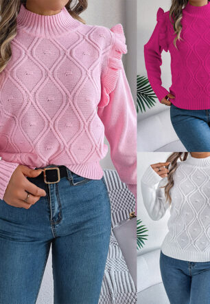 Solid-color Long-sleeve Turtleneck Sweater With Ruffled Trim