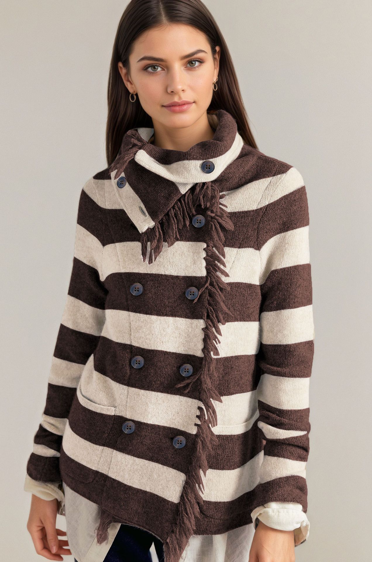 Turtleneck Tassel Cardigan Knit Coat Womens Wear - Image 5