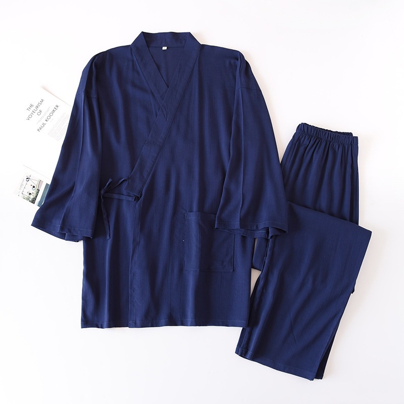 Japanese-style Solid-color Mens Kimono Pajamas, Cotton-linen Drawstring Homewear Set - Image 6