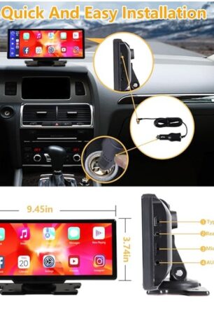 Portable Wireless Carplay With 2.5K Camera, 1080P Back Cam 9.3inches Ultra HD Android Auto Car Play Screen For Car DVR Loop Recording, Bluetooth GPS Navigation Touch Drive Screen With FM Radio System