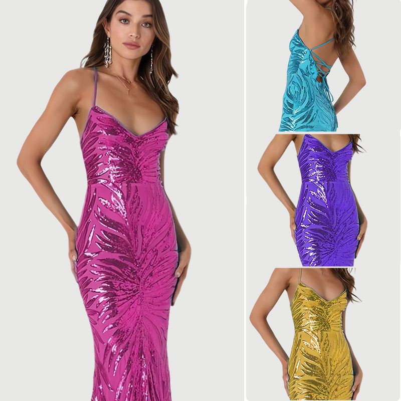 Women's Solid-color Sequined Strapless Backless Dress - Image 9