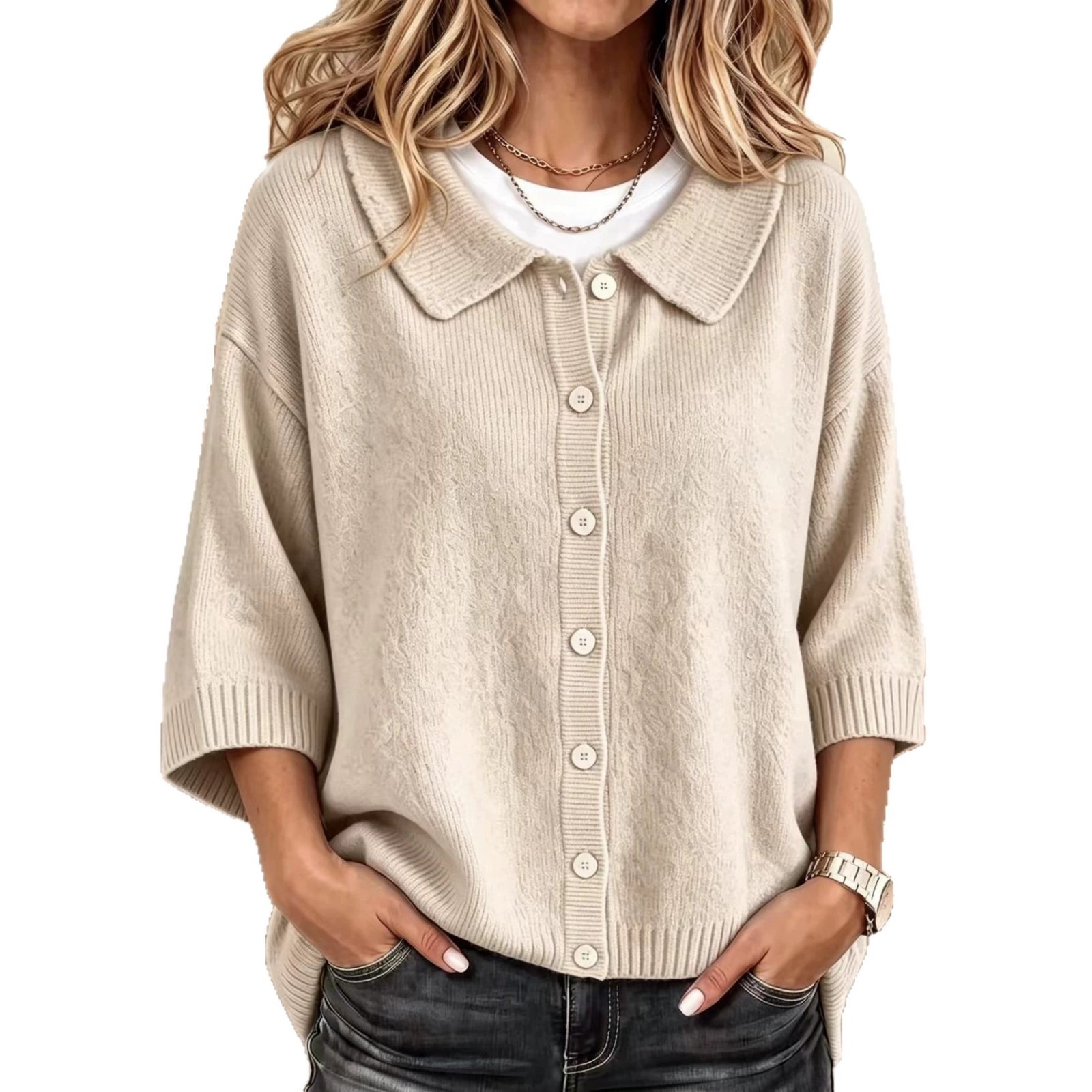 Fashionable And Versatile Three-quarter-sleeve Button-up Sweater Cardigan - Image 6