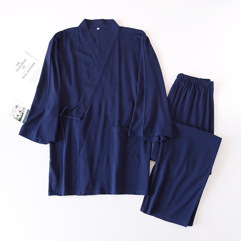 Japanese-style Solid-color Mens Kimono Pajamas, Cotton-linen Drawstring Homewear Set - Image 9