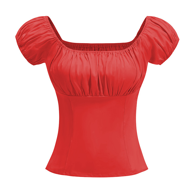 Sexy Short-sleeve Womens Top Solid-color Cotton Drop-shoulder Blouse - Image 6