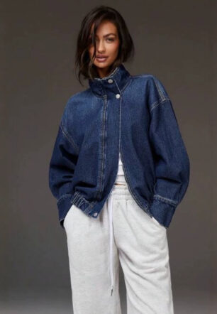 Women's Fashionable Denim Jacket With A Stand-up Collar