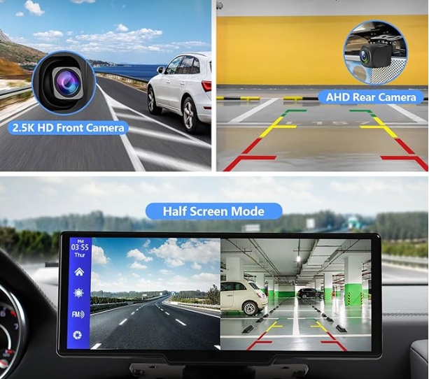 Portable Wireless Carplay With 2.5K Camera, 1080P Back Cam 9.3inches Ultra HD Android Auto Car Play Screen For Car DVR Loop Recording, Bluetooth GPS Navigation Touch Drive Screen With FM Radio System - Image 3