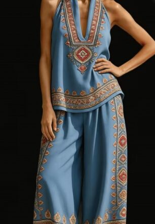 Elegant V-neck Off-shoulder Top High-waisted Wide-leg Pants Two-piece Set