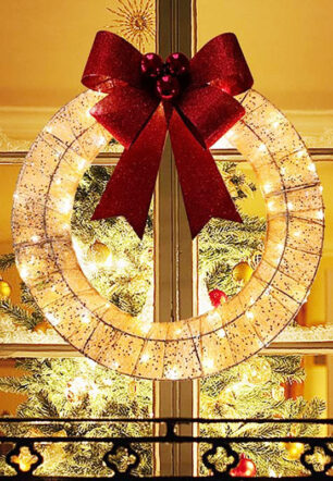 Christmas Garland 50CM Luminous LED Warm Light Metal Luminous Wreath With Big Bowknot Christmas Front Door Home Holiday Party Door Hanging Decor
