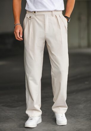 Linen-blend Relaxed-fit Straight-leg Casual Pants With Double Pleats