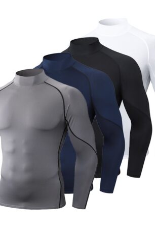 Cross-border Explosions Outdoor Sports Fitness Clothes Men's Running High Collar Long Sleeve Moisture-absorbing Quick-drying Clothes Training Tight Clothes Men
