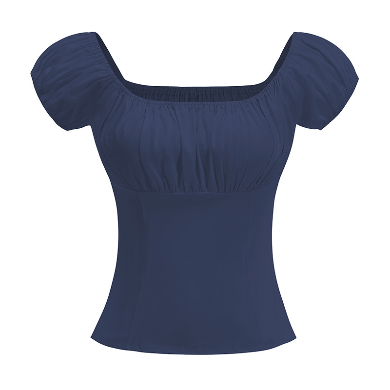 Sexy Short-sleeve Womens Top Solid-color Cotton Drop-shoulder Blouse - Image 8