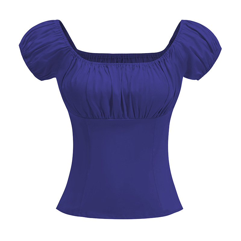 Sexy Short-sleeve Womens Top Solid-color Cotton Drop-shoulder Blouse - Image 4