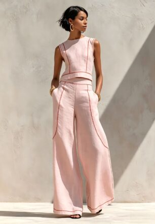 2026 New European And American Style Sleeveless Color-Blocking Wide-Leg Pants Set For Women, Summer Casual Fashion Two-Piece Set, Trendy Cross-Border Style