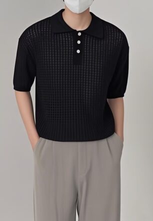 Mens Retro Solid-Color Half-Sleeve Lapel T-Shirt