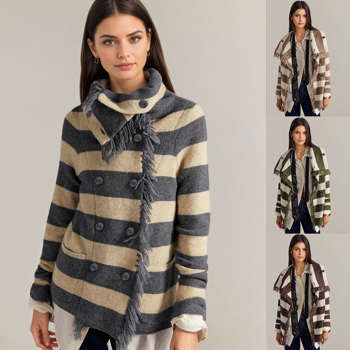 Turtleneck Tassel Cardigan Knit Coat Womens Wear