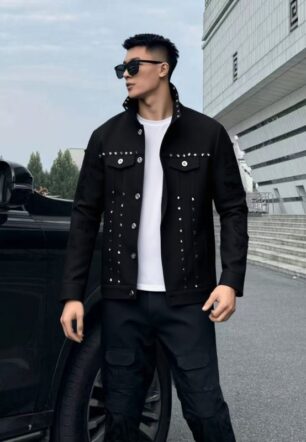 Big And Tall Black Denim Jacket Men Studded Punk Plus Size Jean Jacket Streetwear US Stock