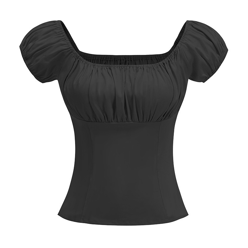 Sexy Short-sleeve Womens Top Solid-color Cotton Drop-shoulder Blouse - Image 3