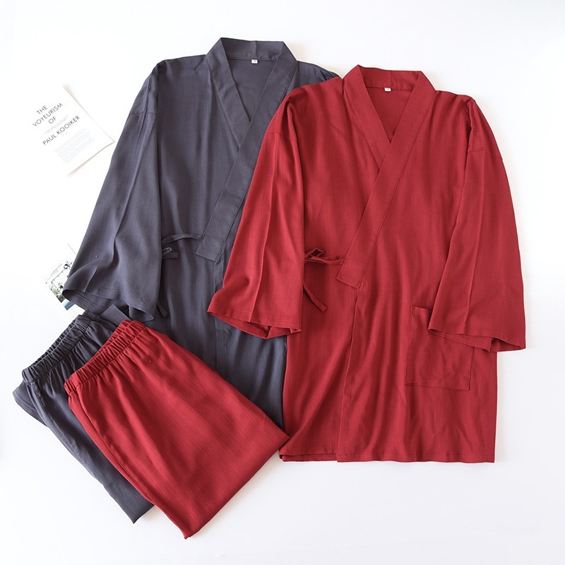 Japanese-style Solid-color Mens Kimono Pajamas, Cotton-linen Drawstring Homewear Set - Image 11