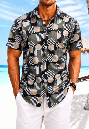Trendy Men's Resort Wear,All-Over Tropical,Print Button-Up Shirt,Stylish Outfit