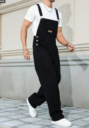 Black Denim Overalls Men Loose Straight Leg Bib Overalls Utility Workwear Jumpsuit US Ready Stock