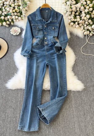 Women's Casual Long-sleeve Denim Jumpsuit