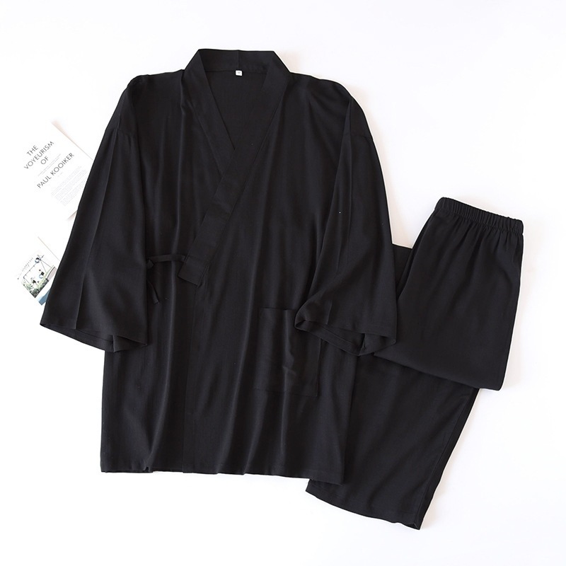 Japanese-style Solid-color Mens Kimono Pajamas, Cotton-linen Drawstring Homewear Set - Image 8