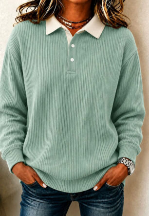 Stylish, Casual, Versatile Long-sleeve Top With A Turn-down Collar And Ribbed Texture