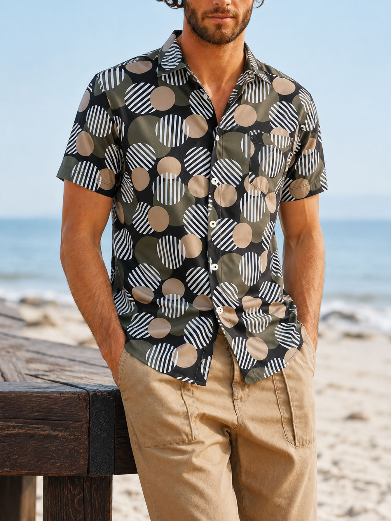 Trendy Men's Resort Wear,All-Over Tropical,Print Button-Up Shirt,Stylish Outfit - Image 4