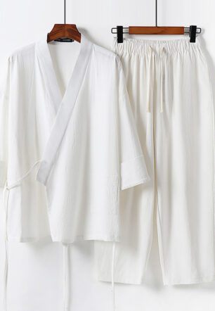 Mens Linen Set, Summer Chinese-Style Plus-Size Cropped-Sleeve T-Shirt