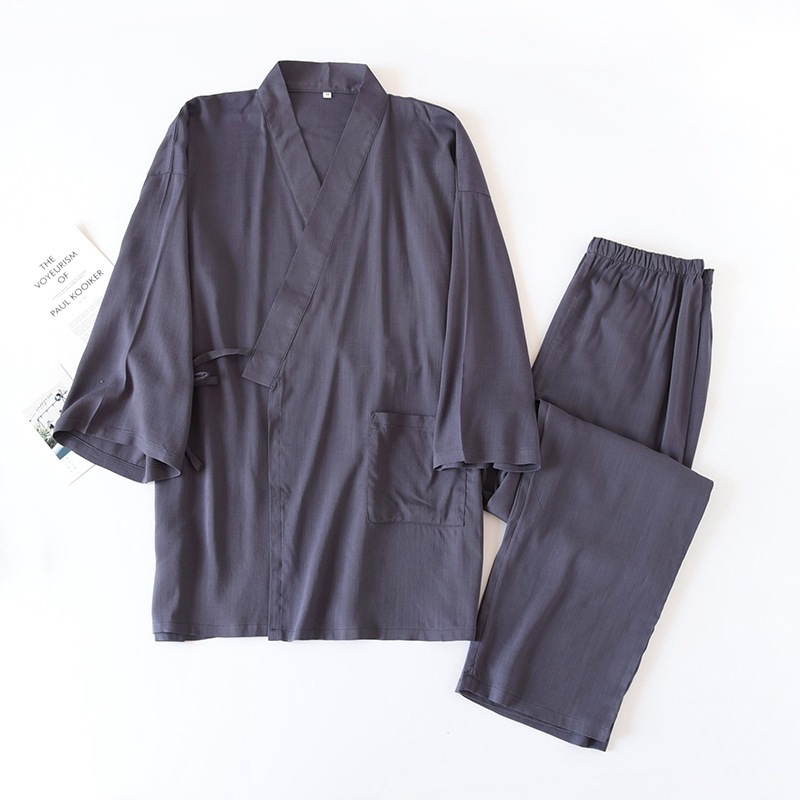 Japanese-style Solid-color Mens Kimono Pajamas, Cotton-linen Drawstring Homewear Set - Image 5