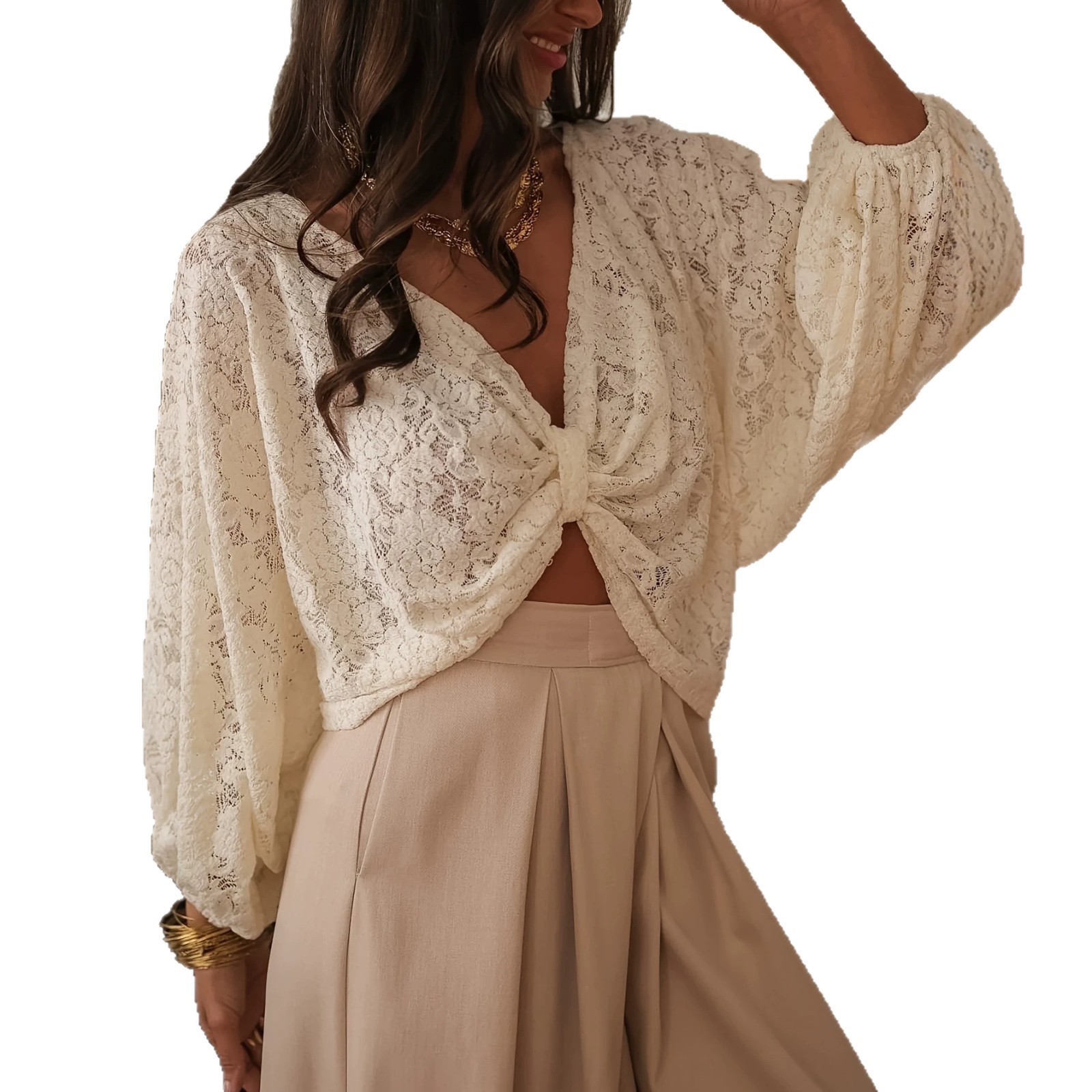 Backless Neckline Batwing Sleeve Long-sleeve Shirt Crop Top - Image 5