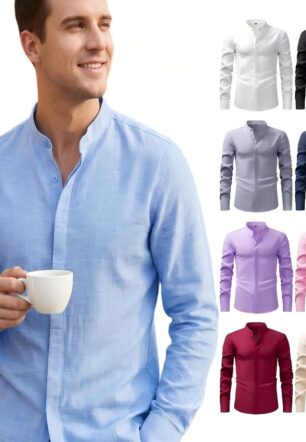 Jiana Cross-Border Popular Imitation Linen Men's Shirt With Stand Collar, Long Sleeves, Casual Fashion Business Commuter Shirt For Men