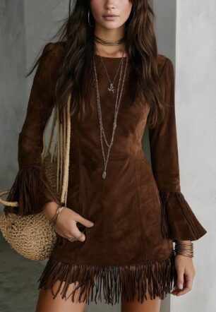 Women's Faux Suede Tassel Slim-fit Long Dress