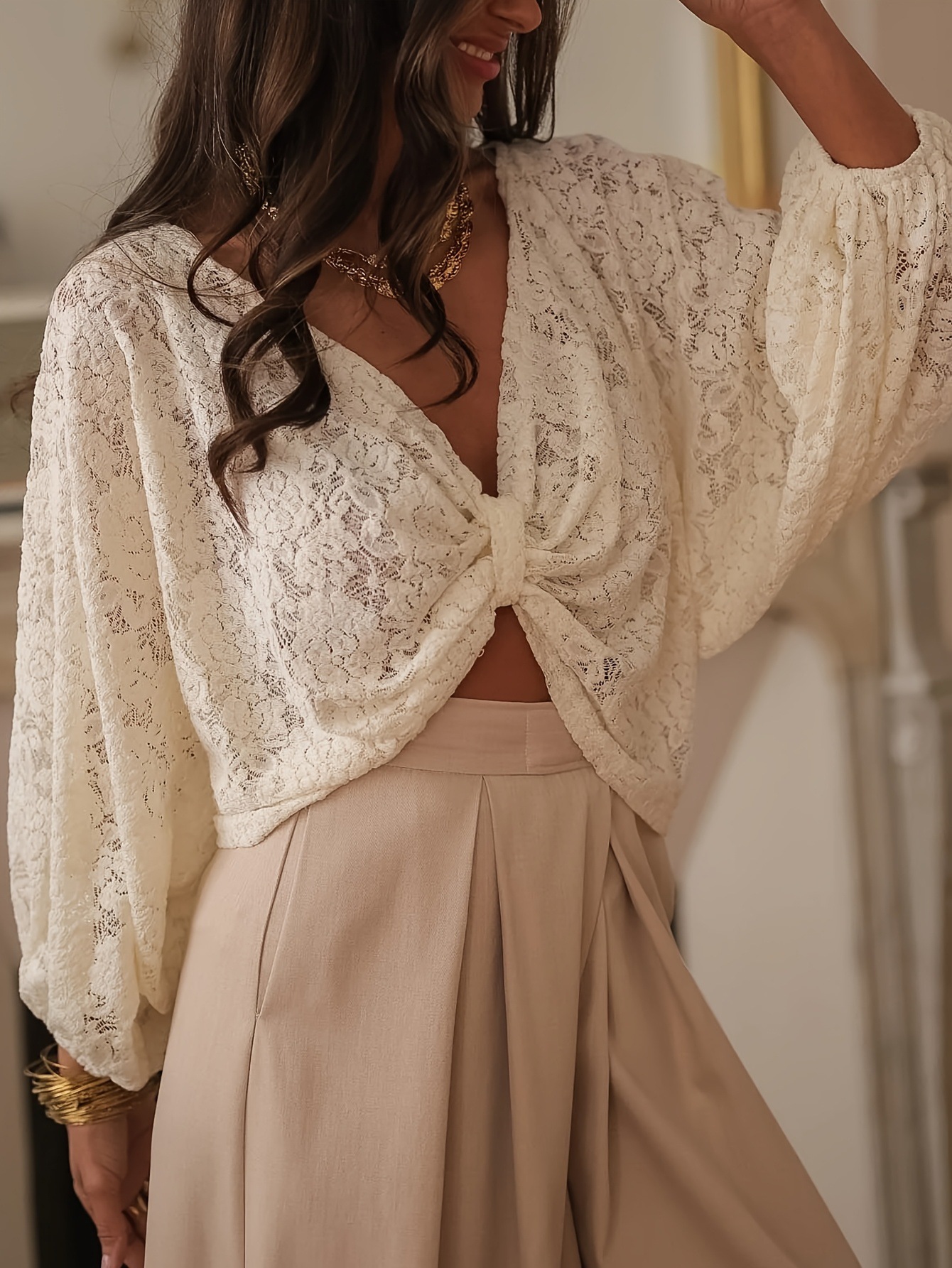 Backless Neckline Batwing Sleeve Long-sleeve Shirt Crop Top - Image 6