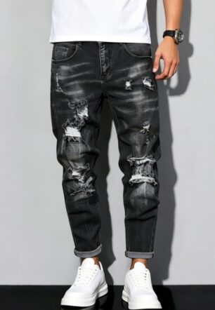 Big And Tall Black Jeans Men Distressed Vintage Washed Plus Size Straight Denim Pants US Warehouse