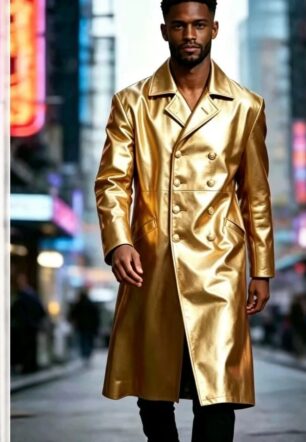 Double-breasted Glossy Leather Coat For Men