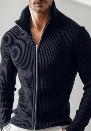 Cross-Border European And American New Style Men's Versatile Zip-Up Cardigan Long-Sleeve Jacket With Ribbed Stand Collar, Slim-Fit Solid Color Top